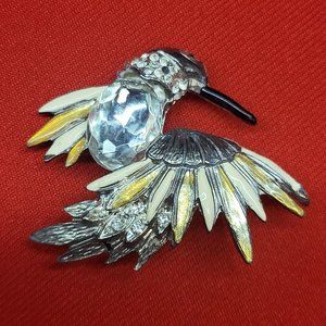 Vintage Hummingbird Crystal Chest Brooch Pin Gold Silver Tone